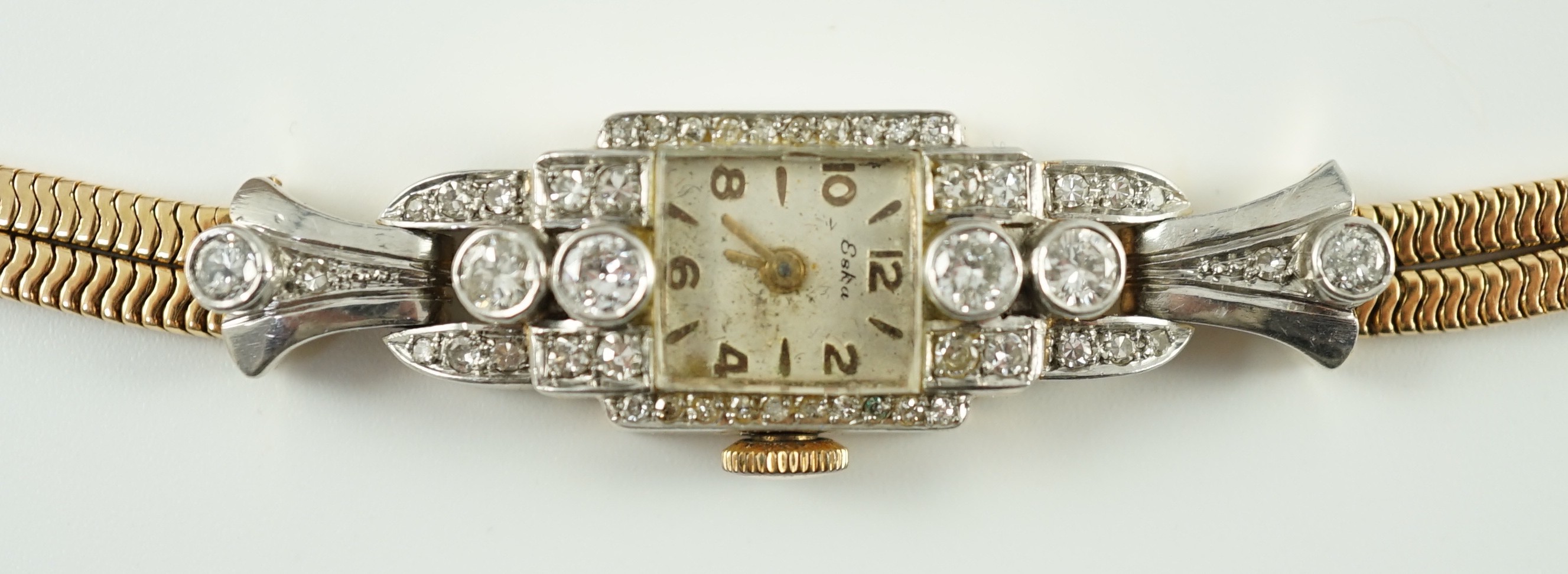 A mid to late 20th century gold and diamond set Eska manual wind cocktail watch